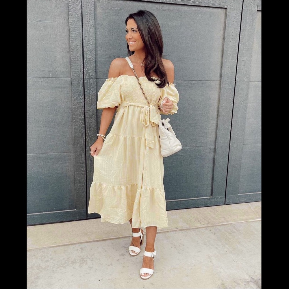 NWT Pink Lily LOOKING FOR PERFECTION YELLOW PUFF SLEEVE MIDI DRESS XS
